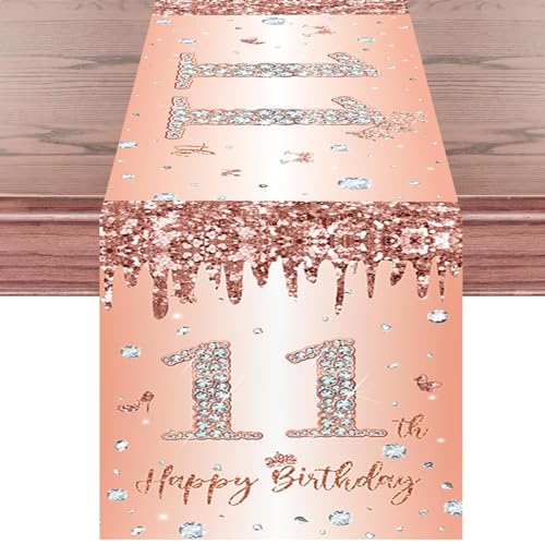 Tischläufer 11. Geburtstag Mädchen Roségold Happy 11th Birthday Tischband zum 11. Geburtstag Ihr Geburtstag Jahrestag Feier Party Dinner Tisch Leinen Tuch Tischdecke Deko für Zuhause, 180x35 cm Lang von Domgoge