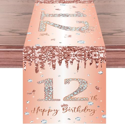 Tischläufer 12. Geburtstag Mädchen Roségold Happy 12th Birthday Tischband zum 12. Geburtstag Ihr Geburtstag Jahrestag Feier Party Dinner Tisch Leinen Tuch Tischdecke Deko für Zuhause, 180x35 cm Lang von Domgoge