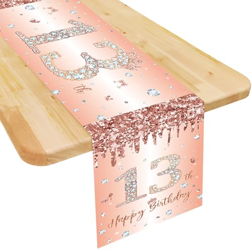 Tischläufer 13. Geburtstag Mädchen Roségold Happy 13th Birthday Tischband zum 13. Geburtstag Ihr Geburtstag Jahrestag Feier Party Dinner Tisch Leinen Tuch Tischdecke Deko für Zuhause, 180x35 cm Lang von Domgoge