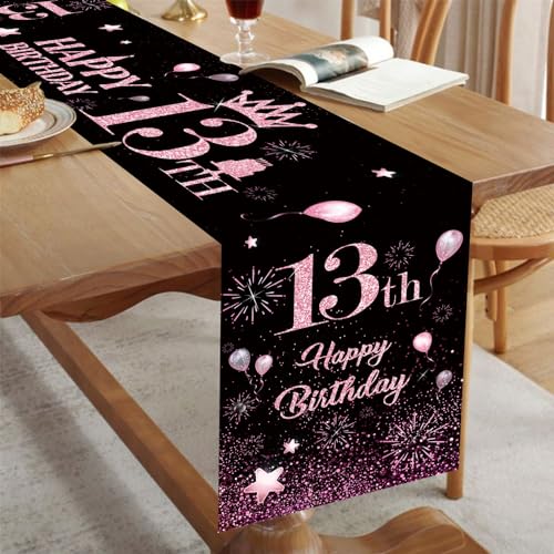 Tischläufer 13. Geburtstag Mädchen Schwarz Rosa Happy 13th Birthday Tischband zum 13. Geburtstag Ihr Geburtstag Feier Party Dinner Tisch Leinen Tuch Tischdecke Deko für Zuhause Küche, 180x35 cm Lang von Domgoge