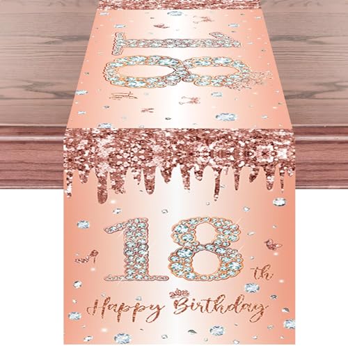 Tischläufer 18 Geburtstag Roségold Happy 18th Birthday Tischband zum 18. Geburtstag Mädchen Frauen Ihr Geburtstag Jahrestag Feier Party Dinner Tisch Leinen Tischdecke Deko für Zuhause, 180x35 cm Lang von Domgoge