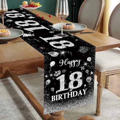 Tischläufer 18 Geburtstag Schwarz Silber Happy 18th Birthday Tischband zum 18. Geburtstag Jungen Männer Frauen Ihn Ihr Jahrestag Feier Party Dinner Tisch Leinen Tischdecke Deko für Zuhause, 180x35 cm von Domgoge