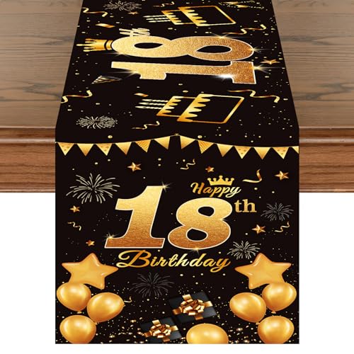 Tischläufer 18. Geburtstag Schwarz Gold Happy 18th Birthday Tischband zum 18 Geburtstag Jungen Männer Frauen Jahrestag Feier Party Dinner Tisch Leinen Tischdecke Deko für Zuhause Küche, 180x35 cm von Domgoge