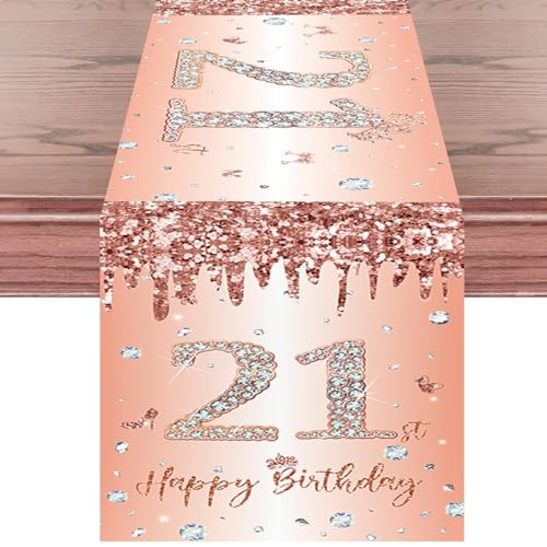 Tischläufer 21 Geburtstag Roségold Happy 21st Birthday Tischband zum 21. Geburtstag Mädchen Frauen Ihr Geburtstag Jahrestag Feier Party Dinner Tisch Leinen Tischdecke Deko für Zuhause, 180x35 cm Lang von Domgoge