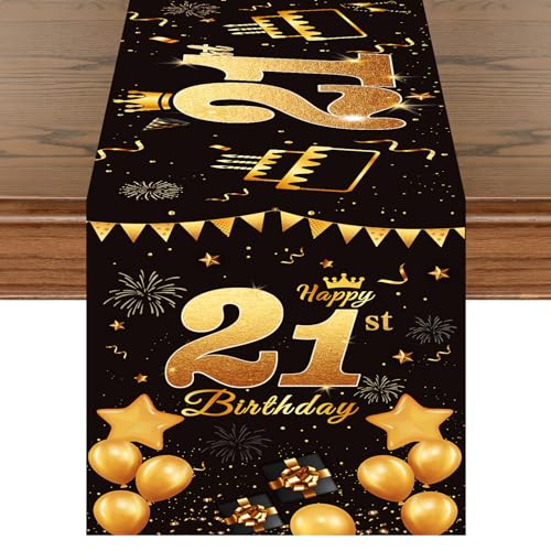 Tischläufer 21. Geburtstag Schwarz Gold Happy 21st Birthday Tischband zum 21 Geburtstag Männer Frauen Jahrestag Feier Party Dinner Tisch Leinen Tuch Deko für Zuhause Küche Draußen Drinnen, 180x35 cm von Domgoge