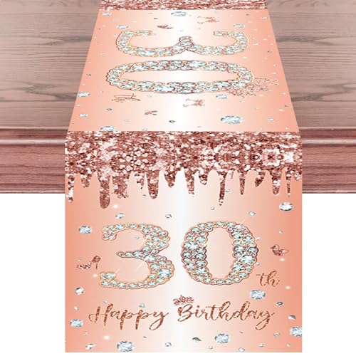 Tischläufer 30 Geburtstag Frau Roségold Happy 30th Birthday Tischband zum 30. Geburtstag Frauen Ihr Geburtstag Jahrestag Feier Party Dinner Tisch Leinen Tischdecke Deko für Zuhause, 180x35 cm Lang von Domgoge