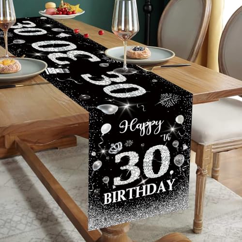 Tischläufer 30 Geburtstag Schwarz Silber Happy 30th Birthday Tischband zum 30. Geburtstag Mann Frauen Ihn Ihr Sie Jahrestag Feier Party Dinner Tisch Leinen Tischdecke Deko für Zuhause Küche, 180x35 cm von Domgoge