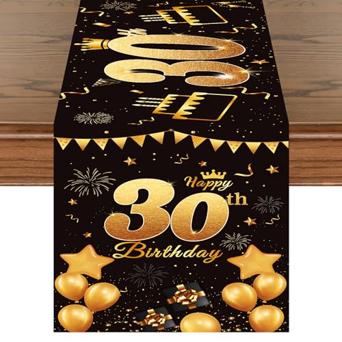 Tischläufer 30. Geburtstag Schwarz Gold Happy 30th Birthday Tischband zum 30 Geburtstag Männer Frauen Jahrestag Feier Party Dinner Tisch Leinen Tuch Deko für Zuhause Küche Draußen Drinnen, 180x35 cm von Domgoge