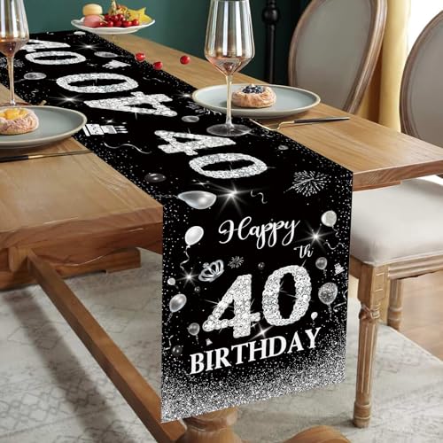Tischläufer 40 Geburtstag Mann Schwarz Silber Happy 40th Birthday Tischband zum 40. Geburtstag für Ihn Ihr Frauen Jahrestag Feier Party Dinner Tisch Leinen Tischdecke Deko Zuhause Küche, 180x35 cm von Domgoge