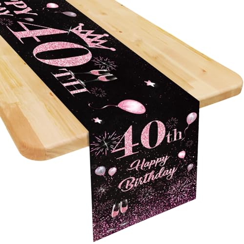 Tischläufer 40. Geburtstag Frau Schwarz Rosa Happy 40th Birthday Tischband zum 40 Geburtstag Frauen Ihr Geburtstag Feier Party Dinner Tisch Leinen Tuch Tischdecke Deko Zuhause Küche, 180x35 cm Lang von Domgoge