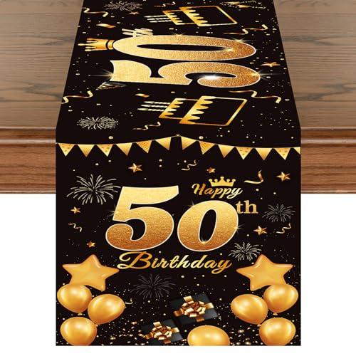 Tischläufer 50. Geburtstag Schwarz Gold Happy 50th Birthday Tischband zum 50 Geburtstag Männer Frauen Jahrestag Feier Party Dinner Tisch Leinen Tuch Deko für Zuhause Küche Draußen Drinnen, 180x35 cm von Domgoge