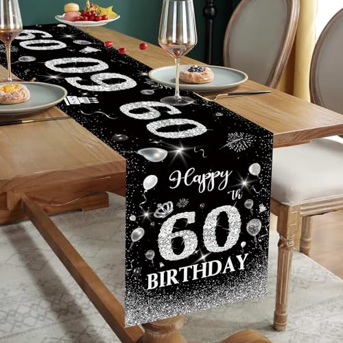 Tischläufer 60 Geburtstag Mann Schwarz Silber Happy 60th Birthday Tischband zum 60. Geburtstag für Ihn Ihr Sie Frauen Jahrestag Feier Party Dinner Tisch Leinen Tischdecke Deko Zuhause Küche, 180x35 cm von Domgoge