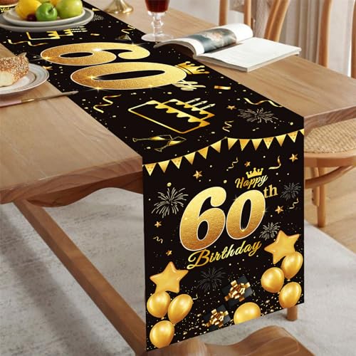 Tischläufer 60 Geburtstag Schwarz Gold Happy 60th Birthday Tischband zum 60. Geburtstag Männer Frauen Jahrestag Feier Party Dinner Tisch Leinen Tuch Deko für Zuhause Küche Draußen Drinnen, 180x35 cm von Domgoge