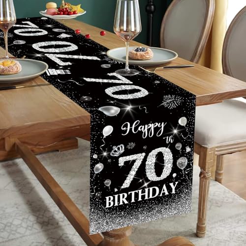 70. Geburtstag Deko Mann Tischläufer 70 Geburtstag Schwarz Silber Happy 70th Birthday Tischband für 70 Jahre Alte Frauen Ihn Ihr Jahrestag Feier Party Dinner Tisch Leinen Table Dekoration, 180x35 cm von Domgoge