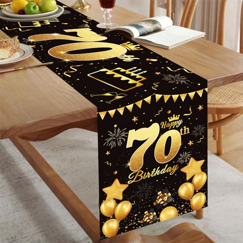 Tischläufer 70. Geburtstag Schwarz Gold Happy 70th Birthday Tischband zum 70 Geburtstag Männer Frauen Jahrestag Feier Party Dinner Tisch Leinen Tuch Deko für Zuhause Küche Draußen Drinnen, 180x35 cm von Domgoge