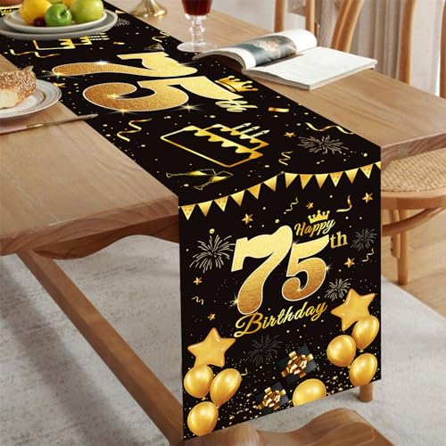 Tischläufer 75 Geburtstag Schwarz Gold Happy 75th Birthday Tischband zum 75. Geburtstag Männer Frauen Jahrestag Feier Party Dinner Tisch Leinen Tuch Deko für Zuhause Küche Draußen Drinnen, 180x35 cm von Domgoge