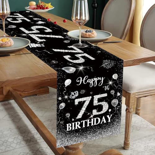 Tischläufer 75 Geburtstag Schwarz Silber Happy 75th Birthday Tischband zum 75. Geburtstag für Mann Frauen Ihn Ihr Sie Jahrestag Feier Party Dinner Tisch Leinen Tischdecke Deko Zuhause Küche, 180x35 cm von Domgoge