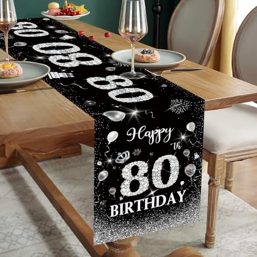 Tischläufer 80. Geburtstag Mann Schwarz Silber Happy 80th Birthday Tischband zum 80 Geburtstag für Ihn Ihr Sie Frauen Jahrestag Feier Party Dinner Tisch Leinen Tischdecke Deko Zuhause Küche, 180x35 cm von Domgoge