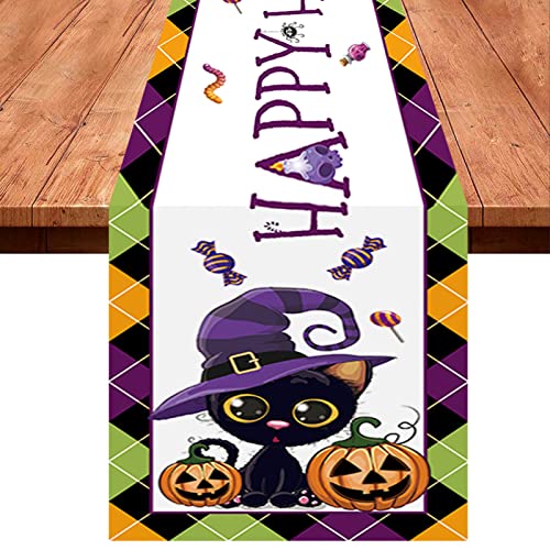 Tischläufer Halloween, Violett Happy Halloween Tischläufer Deko, 14x71 Zoll Abwaschbar Schaurig Kürbis Schwarz Katze Tischdecke, Wiederverwendbar Lang Tischtuch Tischband Für Halloween Tischdekoration von Domgoge