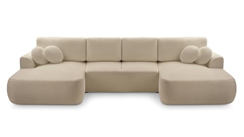 DomiMeble DomoHome U‑Ecksofa Freistehend Velo 364x168x87 cm Farbe: Beige, mit Dekorativen Kissen, mit Schlaffunktion & Bettkasten, Bouclé Coral-Stoff, pflegeleicht, Sitzhöhe 42 cm von DomiMeble