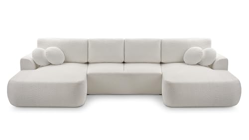 DomiMeble DomoHome U‑Ecksofa Freistehend Velo 364x168x87 cm Farbe: Gebrochenes Weiß, mit Dekorativen Kissen, mit Schlaffunktion & Bettkasten, Bouclé Coral-Stoff, pflegeleicht, Sitzhöhe 42 cm von DomiMeble