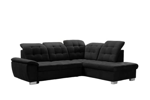 DomiMeble Ecksofa Lotta 258 x 212 x 108 cm - modernes Sofa, bequem mit hochelastischem Schaumstoff, mit Bettkasten, mit Schlaffunktion, angenehm anzufassendes Veloursmaterial (rechte Seite, Schwarz) von DomiMeble