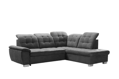 Ecksofa "Lotta" 258 x 212 x 108 cm - modernes Sofa, bequem mit hochelastischem Schaumstoff, mit Bettkasten, mit Schlaffunktion, angenehm anzufassendes Veloursmaterial (rechte Seite, Dunkelgrau) von DomiMeble