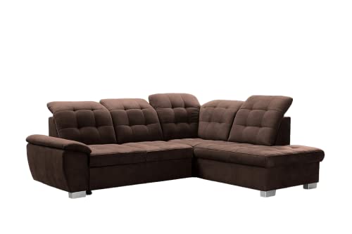 DomiMeble Ecksofa Lotta 258 x 212 x 108 cm - modernes Sofa, bequem mit hochelastischem Schaumstoff, mit Bettkasten, mit Schlaffunktion, angenehm anzufassendes Veloursmaterial (rechte Seite, Braun) von DomiMeble