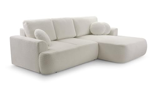 DomoHome Ecksofa Freistehendes L-förmiges Velo 260x168x87cm Farbe: Gebrochenes Weiß Rechte Seite mit Dekorativen Kissen mit Schlaffunktion & Bettkasten Bouclé Coral-Stoff pflegeleicht Sitzhöhe 42cm von DomiMeble