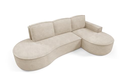 DomoHome Ecksofa Molly Mit Schlaffunktion – Halbrundes Design Freistehend Liegefläche 140x207cm, 3 Große Rückenkissen Curio Möbelstoff 277x157x88cm,Rechte Seite Beige von DomiMeble