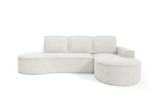 DomoHome Ecksofa Molly Mit Schlaffunktion – Halbrundes Design Freistehend Liegefläche 140x207cm, 3 Große Rückenkissen Curio Möbelstoff 277x157x88cm,Rechte Seite Weiß von DomiMeble