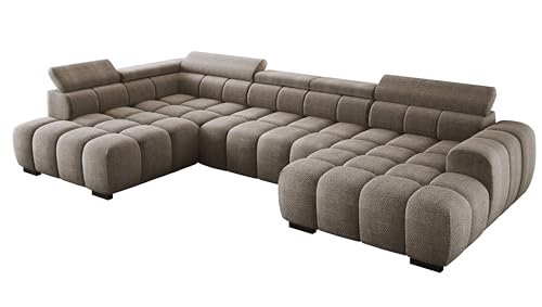 DomoHome Modern Großes U‑Förmiges Ecksofa Stoff Eden Kamel Linke Seite 393×205×97 cm – Verstellbare Kopfstützen, Schlaf‑Optional, Minimalistisches Kubistisches Design von DomiMeble