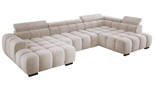 DomoHome Modern Großes U‑Förmiges Ecksofa Stoff Salvador Beige Rechte Seite 393×205×97 cm – Verstellbare Kopfstützen, Schlaf‑Optional, Minimalistisches Kubistisches Design von DomiMeble