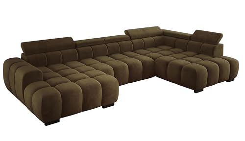 DomoHome Modern Großes U‑Förmiges Ecksofa Stoff Salvador Olive Green Rechte Seite 393×205×97 cm – Verstellbare Kopfstützen, Schlaf‑Optional, Minimalistisches Kubistisches Design von DomiMeble