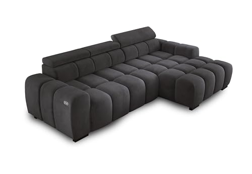 Ecksofa OMBO 285x168x77/97 cm, Rechte Seite Mit Schlaffunktion, Elektrisch Ausziehbarer Sitzfläche, Verstellbaren Kopfstützen, Dunklen Buchenholzfüßen, Hydrophobem SALVADOR-Bezugstoff - Graphit von DomiMeble
