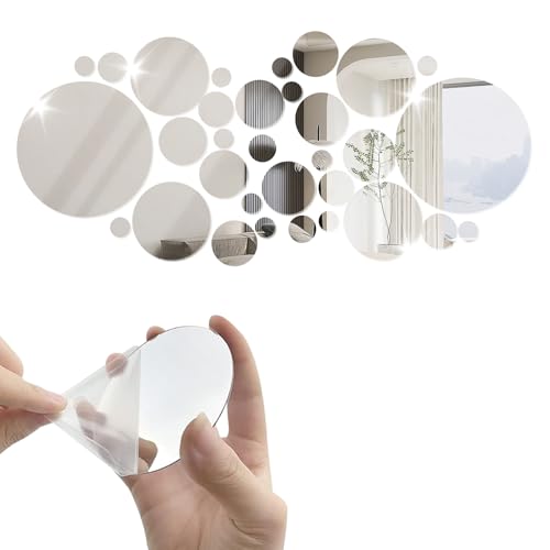 32Stück Runde Kreis Spiegel, 3D Aufkleber Spiegelfläche Wandaufkleber Deko Spiegel Wand Acryl-Spiegelaufkleber-Set Kreis Selbstkleber Wandtattoo DIY Wandspiegel Aufkleber Für Schlafzimmer Wohnzimmer von Domicubes