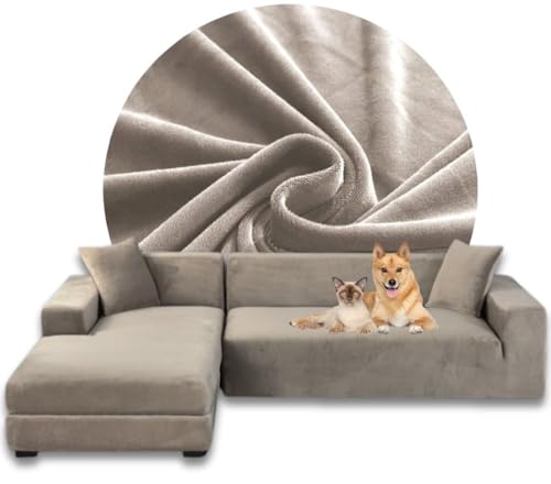 Domidekor - Ecksofa Bezug Beige – Sofabezug L Form – Eckcouch Sofaüberwurf – Lounge Abdeckung L-Form – Couchbezug Samt Stretch – Sofahusse für Schlafcouch von Domidekor