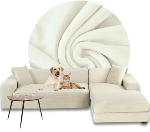 Domidekor - Ecksofa Bezug Creme – Sofabezug L Form – Eckcouch Sofaüberwurf – Lounge Abdeckung L-Form – Couchbezug Samt Stretch – Sofahusse für Schlafcouch - 3 Sitzer + 3 Sitzer - 2 x 190-230CM von Domidekor