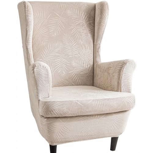 Domidekor Ohrensessel Überzug – Sesselschoner Beige mit Palmenblättern – Sesselbezug Stretch - Strandmon Sessel Bezug – Sesselhusse Elastisch Velour Schmutzabweisend - Oeko-Tex 100 von Domidekor