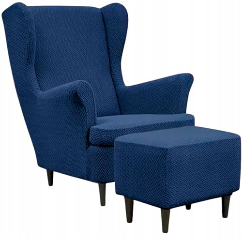 Domidekor Ohrensessel Überzug & Ottoman Schonbezug - Sesselbezug Stretch + Polsterhocker Dunkelblau - Strandmon Sessel Bezug und Hockerbezug - Elastisch Samt Velour Schmutzabweisend - Oeko-Tex 100 von Domidekor