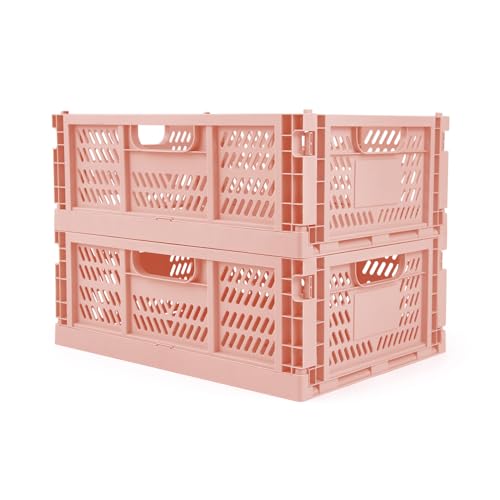 Faltbare Aufbewahrungskörbe aus Kunststoff für Regal, stapelbare Aufbewahrungsboxen, faltbare Kisten mit Griffen, Aufbewahrungsbehälter für Zuhause, Küche, Büro (40x30x15 cm, rosa) von Domiella