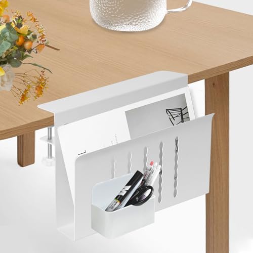 Domigard Schreibtisch-Seitenaufbewahrung, Aufbewahrung unter dem Schreibtisch, No Drill Desktop Organizer mit Magnetischem Stifthalter Schreibtisch-Laptop-Ständer(Weiß-Einlagig) von Domigard