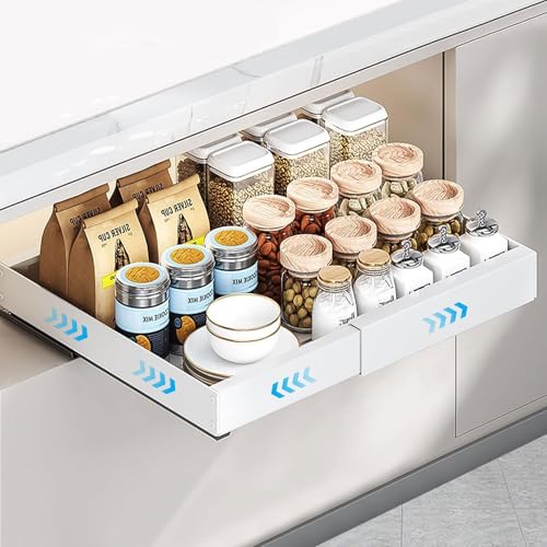 Domigard Schubladenorganizer Küche Breitenverstellbar 31,5-52 cm - Ausziehbare Klebeschublade ohne Bohren für Unterbauschränke, Spüle & Vorratsschrank (Weiß) von Domigard