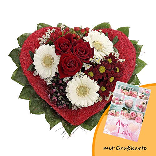 Dominik Blumen und Pflanzen, Blumenstrauß "Allerliebst" mit Rosen, Gerbera und Bartnelke und Grußkarte "Alles Liebe" von Rapido