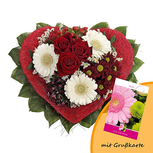 Dominik Blumen und Pflanzen, Blumenstrauß "Allerliebst" mit Rosen, Gerbera und Bartnelke und Grußkarte "Geburtstag" von Dominik Blumen und Pflanzen