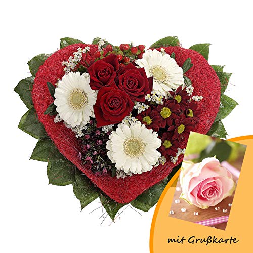 Dominik Blumen und Pflanzen, Blumenstrauß "Allerliebst" mit Rosen, Gerbera und Bartnelke und Grußkarte "Rosen" von Dominik Blumen und Pflanzen