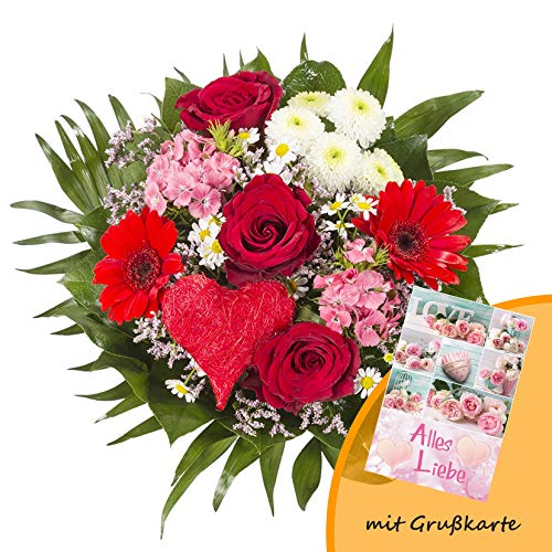 Dominik Blumen und Pflanzen, Blumenstrauß "Alles Liebe" aus Rosen, Gerbera und Johanniskraut und Grußkarte "Alles Liebe" von Dominik Blumen und Pflanzen