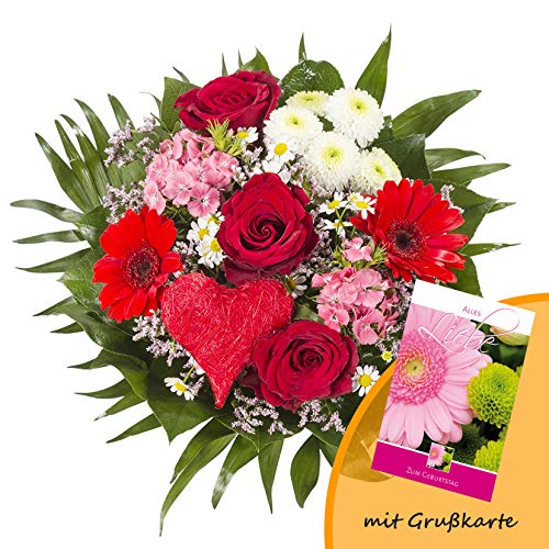 Dominik Blumen und Pflanzen, Blumenstrauß "Alles Liebe" aus Rosen, Gerbera und Johanniskraut und Grußkarte "Geburtstag" von Dominik Blumen und Pflanzen