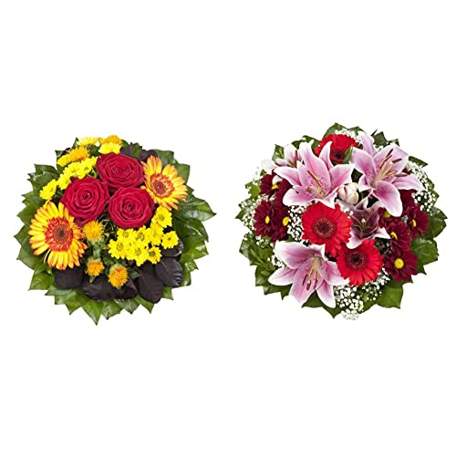 Dominik Blumen und Pflanzen, Blumenstrauß "Blütenmeer" mit roten Rosen, Färberdistel, Chrysanthemen und Gerbera & Blumenstrauß "Charlotte" mit rosa Lilien, Chrysantheme, Gerbera und Schleierkraut von Dominik Blumen und Pflanzen