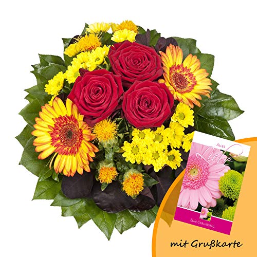 Dominik Blumen und Pflanzen, Blumenstrauß "Blütenmeer" mit roten Rosen, Färberdistel, Chrysanthemen und Gerbera und Grußkarte "Geburtstag" von Rapido